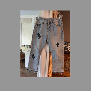 Chrome Hearts Jeans with black leather cross patches, size 34"
